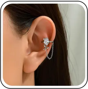 Vintage Crystal Flower Ear Cuff Earrings Silver Cz Rose Flower Cartilage Cuff Earrings Chain Tassel Cuff Earrings Rhinestone Non Pierced Clip On Earrings Jewelry for Women