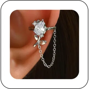 Vintage Crystal Flower Ear Cuff Earrings Silver Rhinestone Rose Cuff Chain Earring Cz Cartilage Chain Clip Earring Minimalist No Piercing Earrings Jewelry for Women