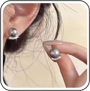 Vintage Crystal Grey Pearl Earrings Arc Crystal Pearl Earrings Grey Pearl Cz Stud Earrings Small Round Grey Bead Earrings Jewelry for Women