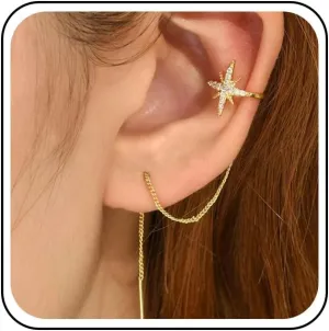 Vintage Crystal Star Cuff Chain Earrings Gold North Star Ear Cuff Earrings Minimalist Chain Threader Earrings Long Tassel Chain Drop Earrings Jewelry for Women