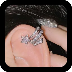 Vintage Crystal Star Ear Cuff Earrings Silver Rhinestone Cuff Wrap Earrings Wide Cz Hoop Cuff Cartilage Earrings Boho Star Open Earcuff Earrings Minimalist No Piercing Earrings Jewelry for Women