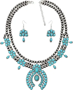 Vintage Metal Synthetic Turquoise Necklace Earrings Set Fashion Jewelry