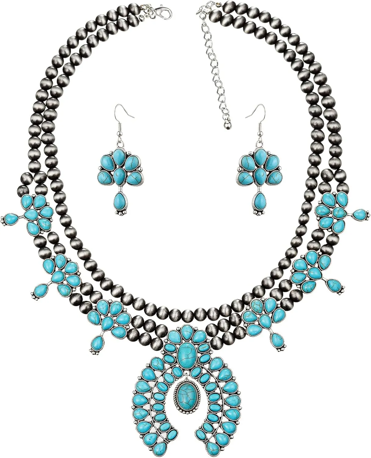 Vintage Metal Synthetic Turquoise Necklace Earrings Set Fashion Jewelry