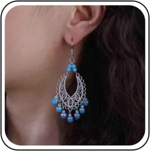Vintage Oval Turquoise Drop Earrings Silver Turquoise Teardrop Earrings Blue Bead Fringe Dangle Earrings Tribal Blue Gemstone Earrings Jewelry for Women