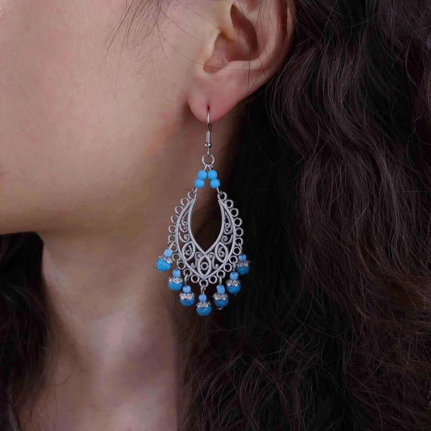 Vintage Oval Turquoise Drop Earrings Silver Turquoise Teardrop Earrings Blue Bead Fringe Dangle Earrings Tribal Blue Gemstone Earrings Jewelry for Women