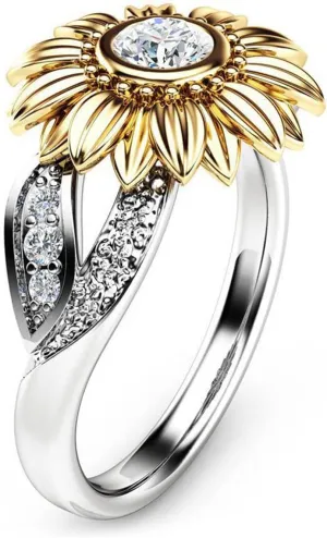 Vintage Silver and Rose Gold Color Carved Dragonfly Sunflower Ring Unique Metal Flower Rings Women Engagement Party Ring Jewelry