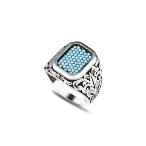 Vintage Style Ring, Large Gemstone, CZ Turquoise Blue Color Micro Pave Cubic Ziconia, Sterling Silver, Unique Jewelry, Handmade Silver, Rp1135
