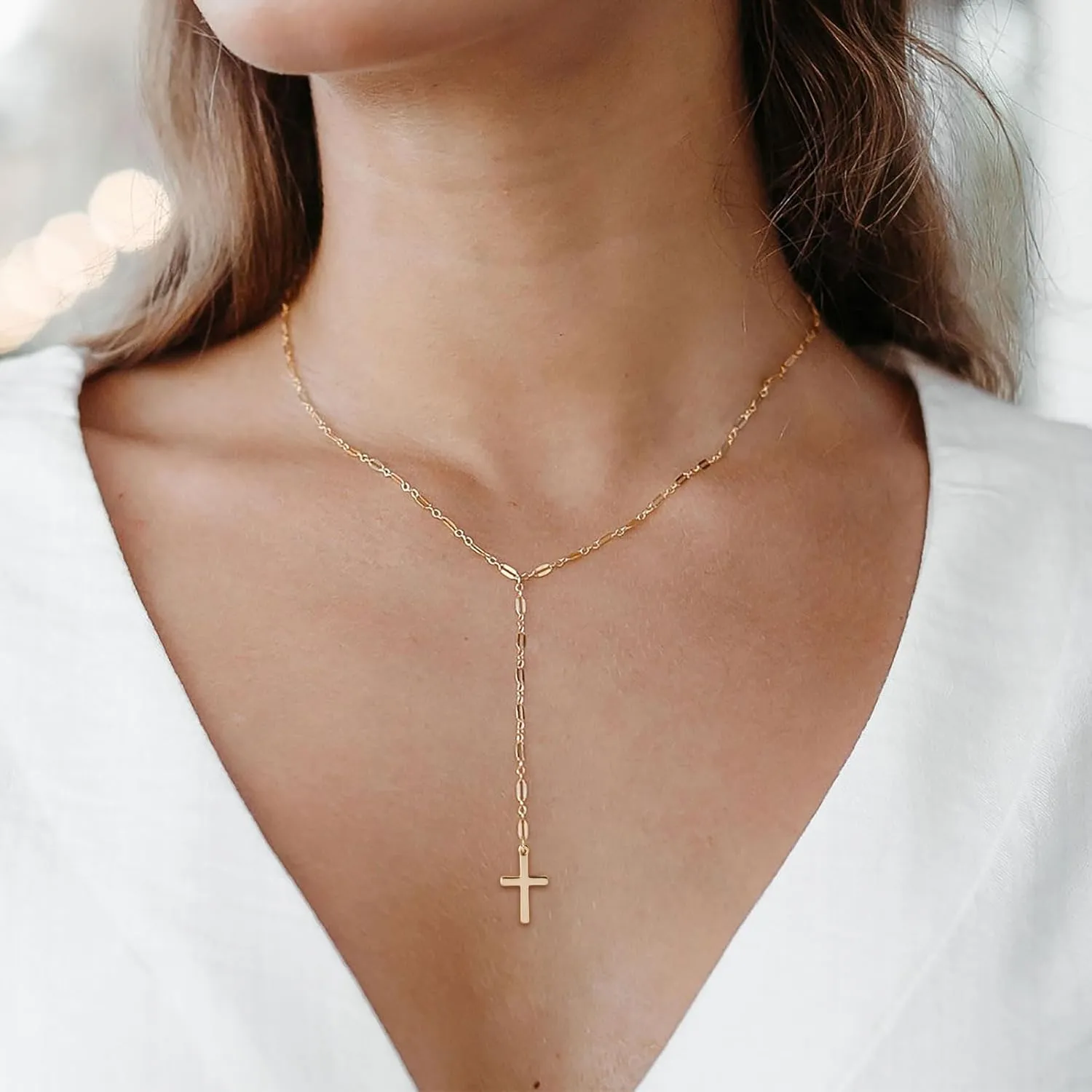 VRIUA Gold Necklace for Women, Dainty Gold Necklace 14K Gold Plated Lariat Pearl Y-Shaped Necklace Layered Bead Chain Diamond Drop Necklaces Minimalist Jewelry for Women