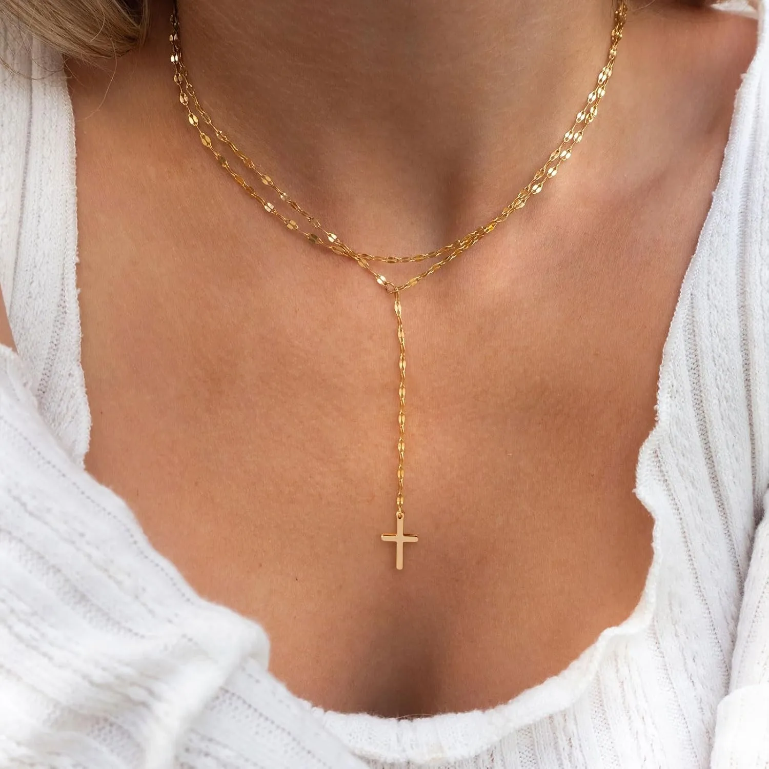 VRIUA Gold Necklace for Women, Dainty Gold Necklace 14K Gold Plated Lariat Pearl Y-Shaped Necklace Layered Bead Chain Diamond Drop Necklaces Minimalist Jewelry for Women