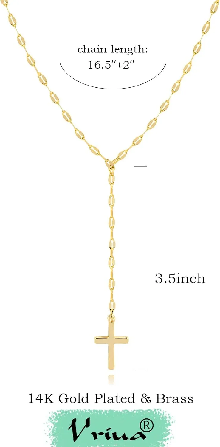 VRIUA Gold Necklace for Women, Dainty Gold Necklace 14K Gold Plated Lariat Pearl Y-Shaped Necklace Layered Bead Chain Diamond Drop Necklaces Minimalist Jewelry for Women