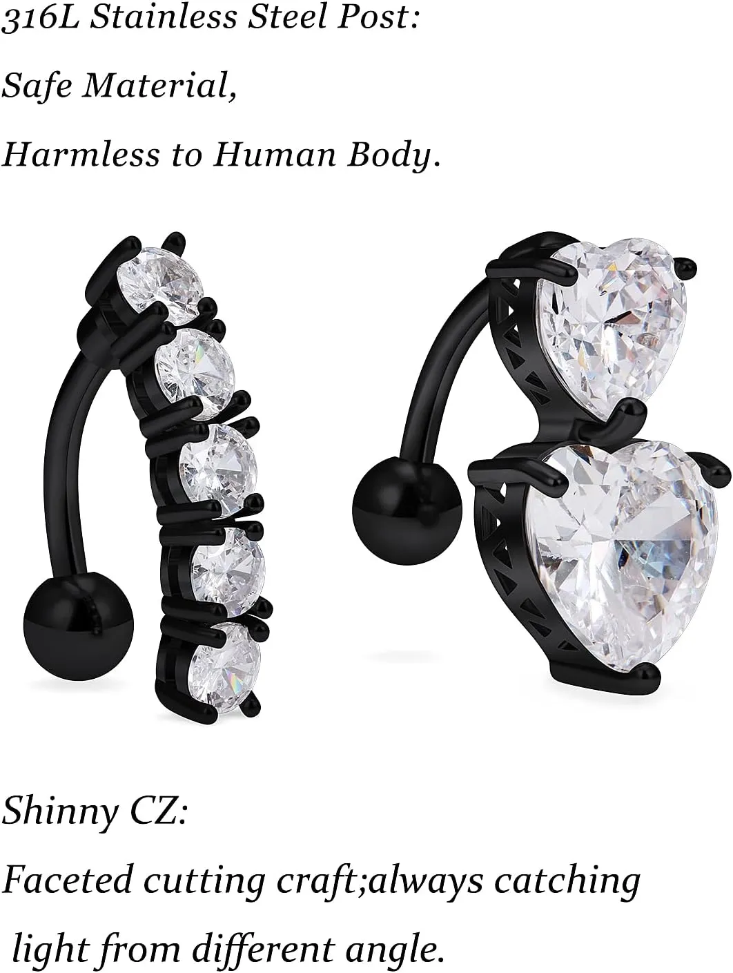 Vsnnsns 14G Belly Button Ring Piercing Jewelry 316L Stainless Surgical Steel Heart CZ Opal Butterfly Navel Rings Reverse Belly Button Ring Navel Piercing Jewelry for Women Men Hypoallergenic
