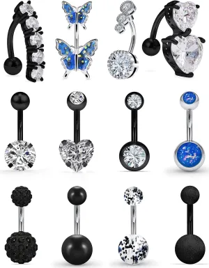 Vsnnsns 14G Belly Button Ring Piercing Jewelry 316L Stainless Surgical Steel Heart CZ Opal Butterfly Navel Rings Reverse Belly Button Ring Navel Piercing Jewelry for Women Men Hypoallergenic