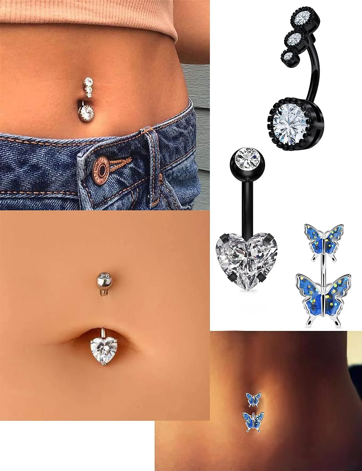 Vsnnsns 14G Belly Button Ring Piercing Jewelry 316L Stainless Surgical Steel Heart CZ Opal Butterfly Navel Rings Reverse Belly Button Ring Navel Piercing Jewelry for Women Men Hypoallergenic
