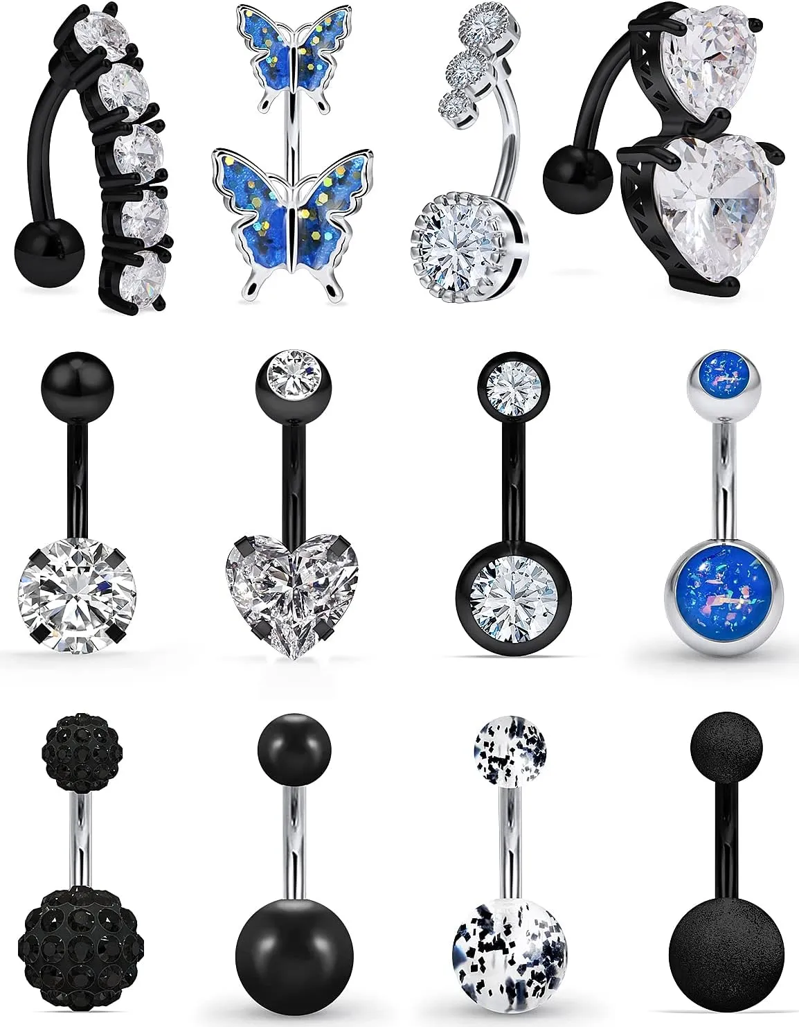 Vsnnsns 14G Belly Button Ring Piercing Jewelry 316L Stainless Surgical Steel Heart CZ Opal Butterfly Navel Rings Reverse Belly Button Ring Navel Piercing Jewelry for Women Men Hypoallergenic