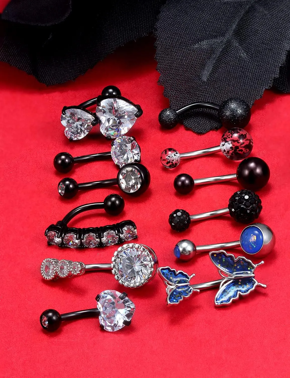 Vsnnsns 14G Belly Button Ring Piercing Jewelry 316L Stainless Surgical Steel Heart CZ Opal Butterfly Navel Rings Reverse Belly Button Ring Navel Piercing Jewelry for Women Men Hypoallergenic