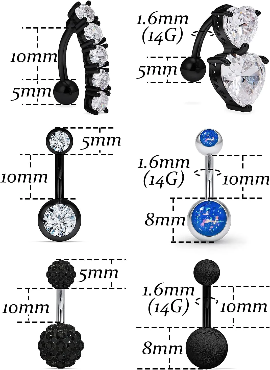 Vsnnsns 14G Belly Button Ring Piercing Jewelry 316L Stainless Surgical Steel Heart CZ Opal Butterfly Navel Rings Reverse Belly Button Ring Navel Piercing Jewelry for Women Men Hypoallergenic