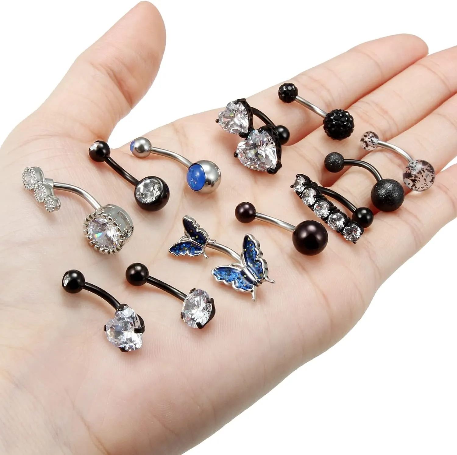 Vsnnsns 14G Belly Button Ring Piercing Jewelry 316L Stainless Surgical Steel Heart CZ Opal Butterfly Navel Rings Reverse Belly Button Ring Navel Piercing Jewelry for Women Men Hypoallergenic
