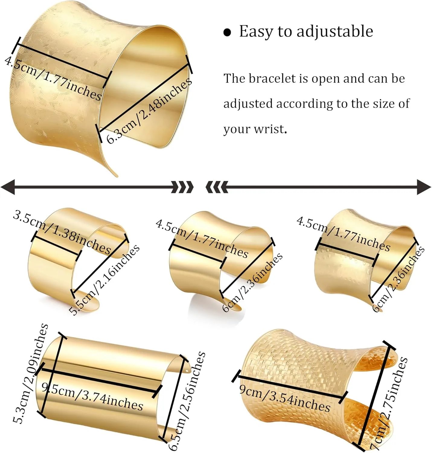 WAINIS 2 Pcs Cuff Bangle Bracelets for Women Open Wide Bracelets Gold Silver Wrist Cuff Wrap Bracelet Adjustable Jewelry Gift