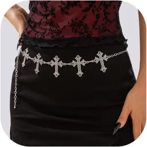 Waist Chain Belt for Women,Silver Cross Pendant Waist Body Chain,35Inch Long Metal Link Chain Belt Outfit Dress Body Jewelry for Women