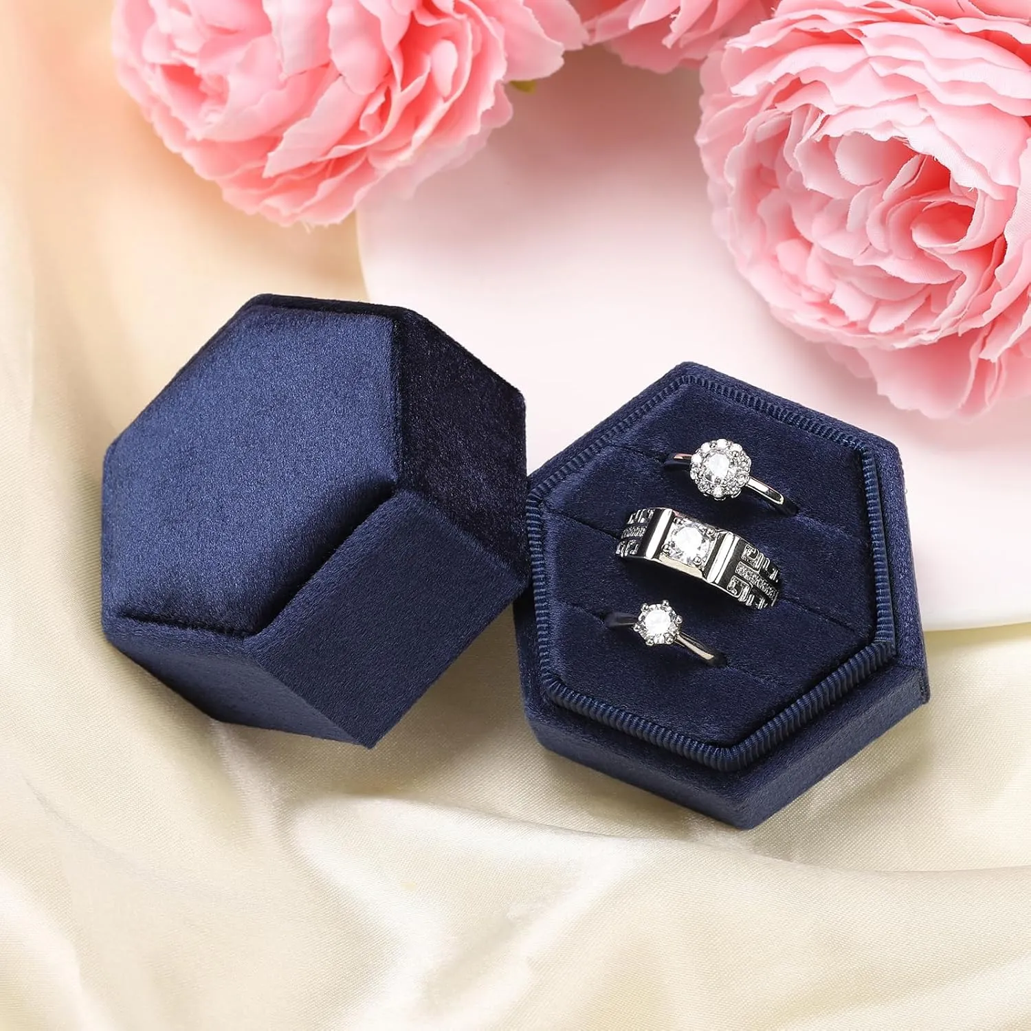 WantGor Velvet Jewelry Ring Box, 3 Slots Hexagon Ring Gift Box Vintage Ring Display Holder Case for Wedding Ceremony Proposal Engagement (Navy Blue, 3 Slots)