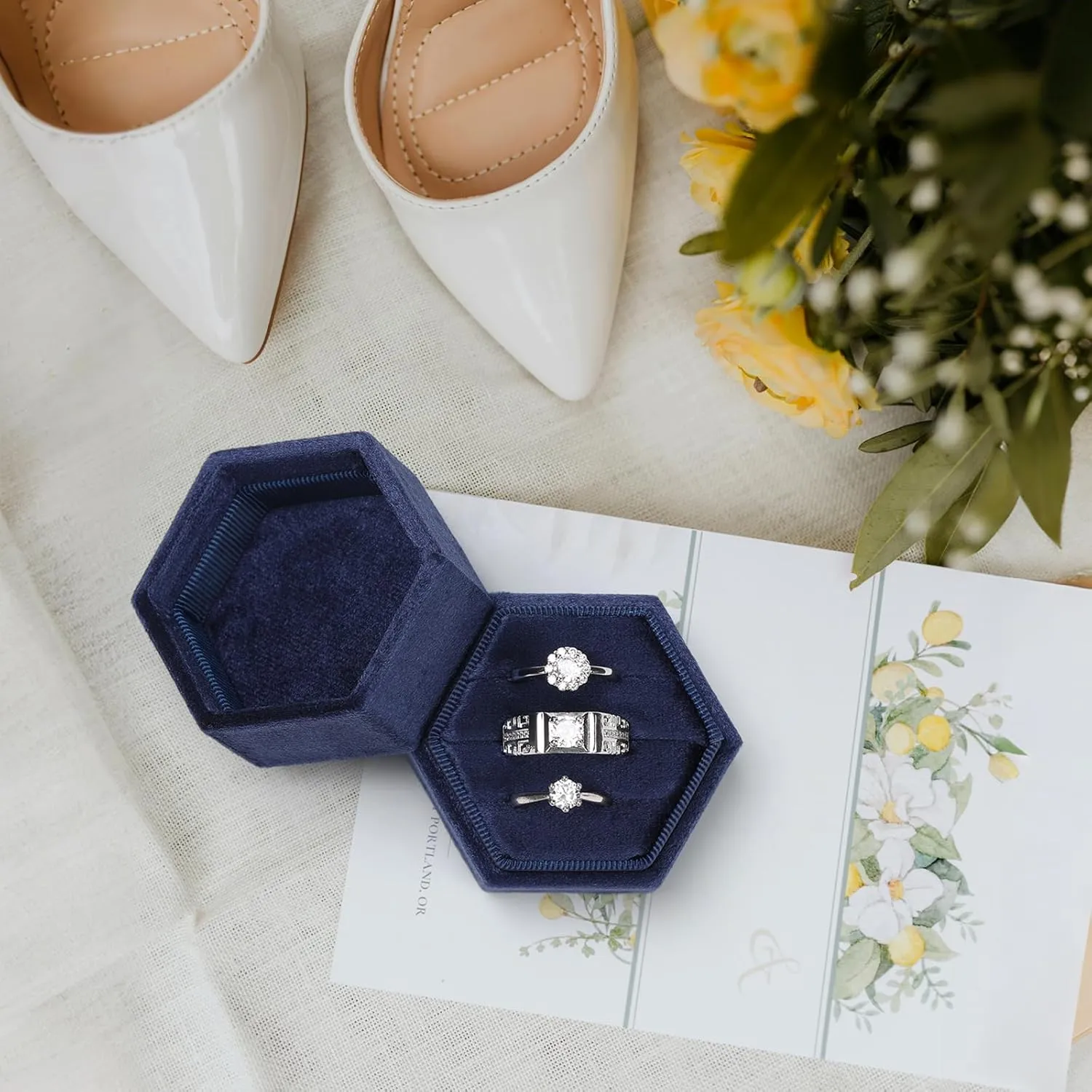 WantGor Velvet Jewelry Ring Box, 3 Slots Hexagon Ring Gift Box Vintage Ring Display Holder Case for Wedding Ceremony Proposal Engagement (Navy Blue, 3 Slots)
