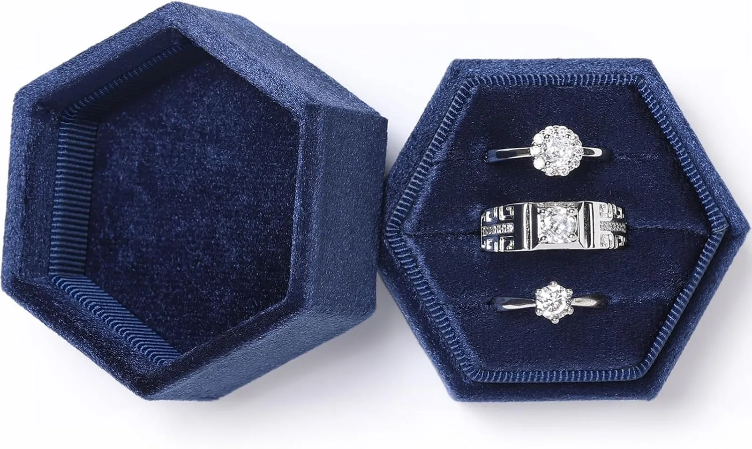 WantGor Velvet Jewelry Ring Box, 3 Slots Hexagon Ring Gift Box Vintage Ring Display Holder Case for Wedding Ceremony Proposal Engagement (Navy Blue, 3 Slots)