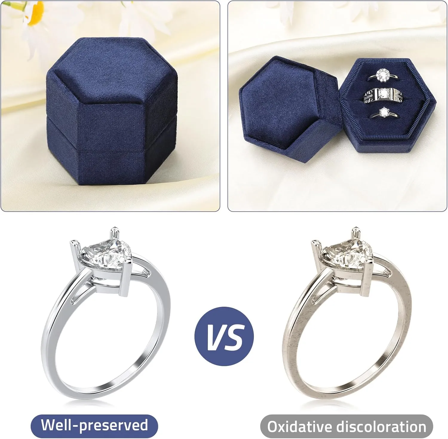 WantGor Velvet Jewelry Ring Box, 3 Slots Hexagon Ring Gift Box Vintage Ring Display Holder Case for Wedding Ceremony Proposal Engagement (Navy Blue, 3 Slots)