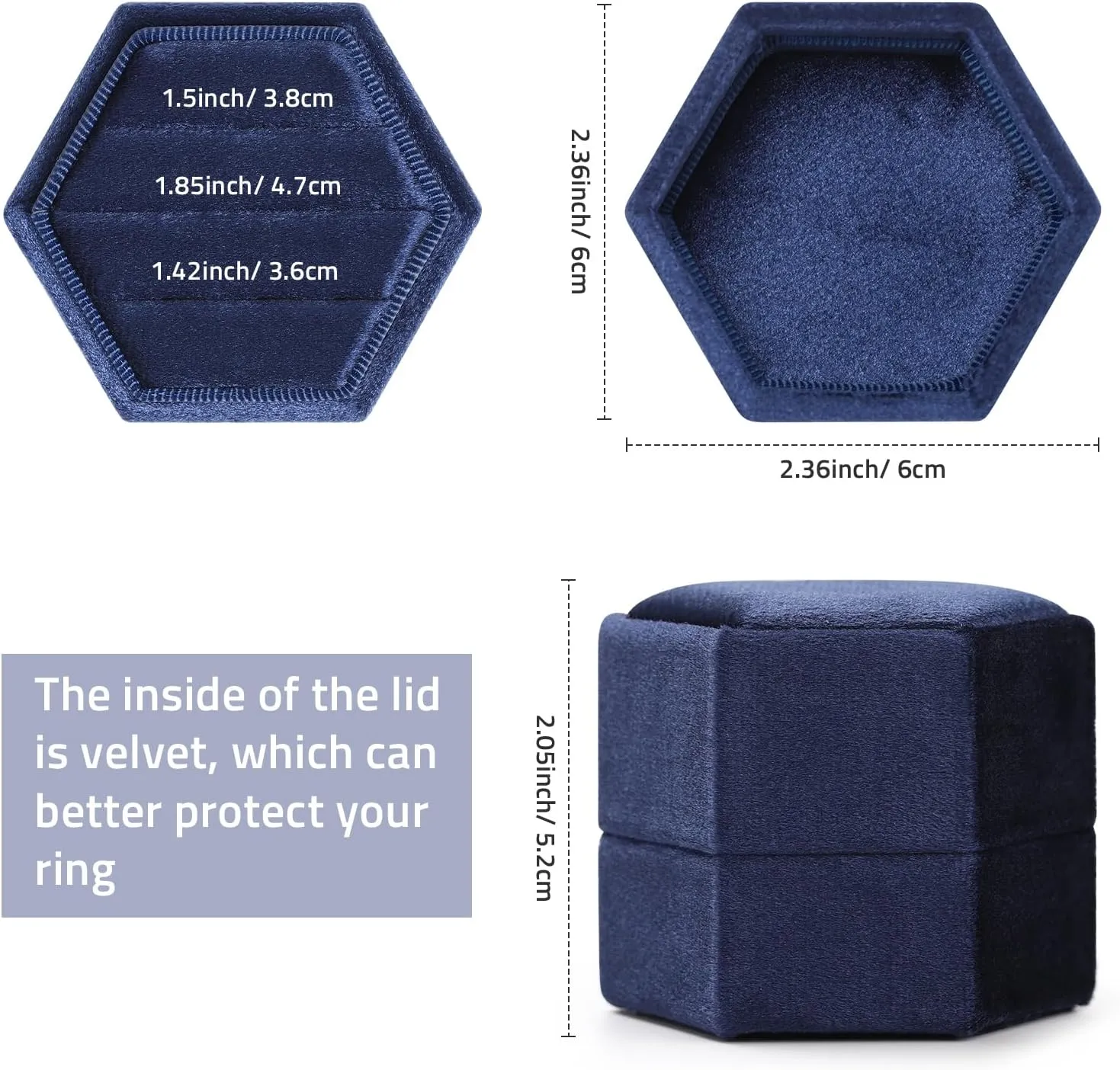WantGor Velvet Jewelry Ring Box, 3 Slots Hexagon Ring Gift Box Vintage Ring Display Holder Case for Wedding Ceremony Proposal Engagement (Navy Blue, 3 Slots)
