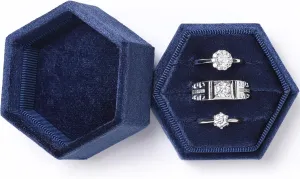 WantGor Velvet Jewelry Ring Box, 3 Slots Hexagon Ring Gift Box Vintage Ring Display Holder Case for Wedding Ceremony Proposal Engagement (Navy Blue, 3 Slots)