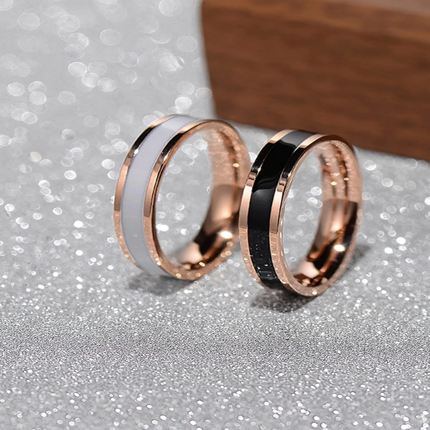 Wedding Band Sets for Him and Her, Stainless Steel Couples Rings Set Promise Ring Black White Line Shape