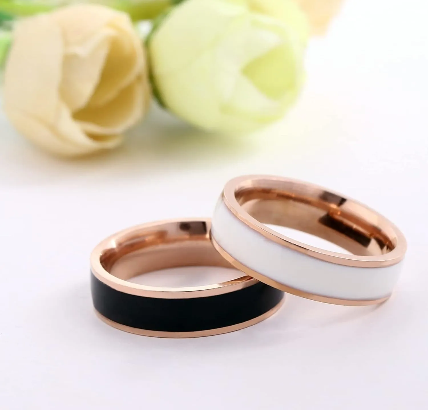 Wedding Band Sets for Him and Her, Stainless Steel Couples Rings Set Promise Ring Black White Line Shape