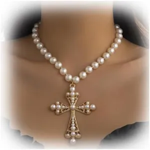 Wedding Bridal Pearl Choker Necklace Rhinestone Cross Pendant Clavicle Chain Necklace Sexy Bead Neck Jewelry Festival Rave Pearl Body Jewelry for Women