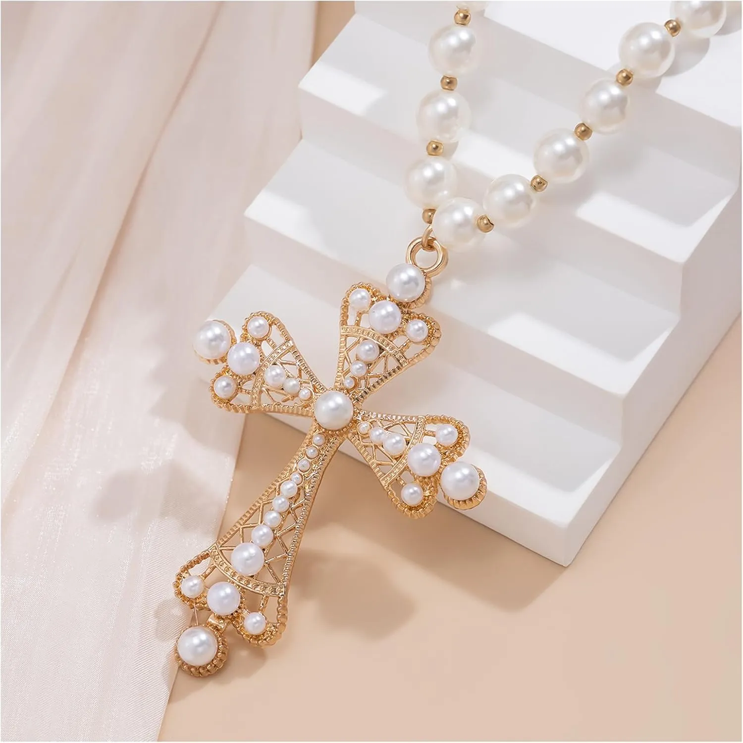 Wedding Bridal Pearl Choker Necklace Rhinestone Cross Pendant Clavicle Chain Necklace Sexy Bead Neck Jewelry Festival Rave Pearl Body Jewelry for Women