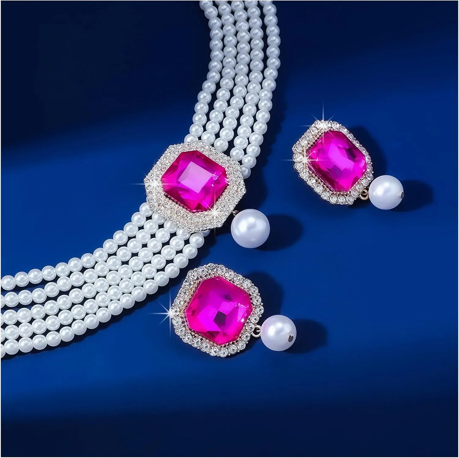 Wedding Bridal Rhinestone Necklace Earrings Jewelry,Gold Crystal Pearl Clavicle Necklace and Earrings Set,Multi-layered Pearl Body Jewelry for Women