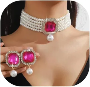 Wedding Bridal Rhinestone Necklace Earrings Jewelry,Gold Crystal Pearl Clavicle Necklace and Earrings Set,Multi-layered Pearl Body Jewelry for Women