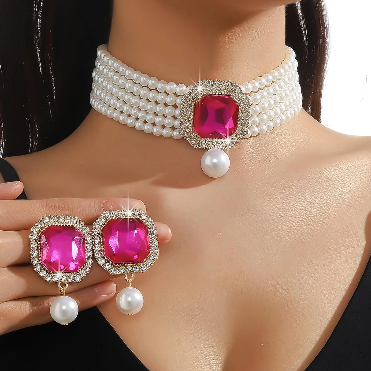 Wedding Bridal Rhinestone Necklace Earrings Jewelry,Gold Crystal Pearl Clavicle Necklace and Earrings Set,Multi-layered Pearl Body Jewelry for Women