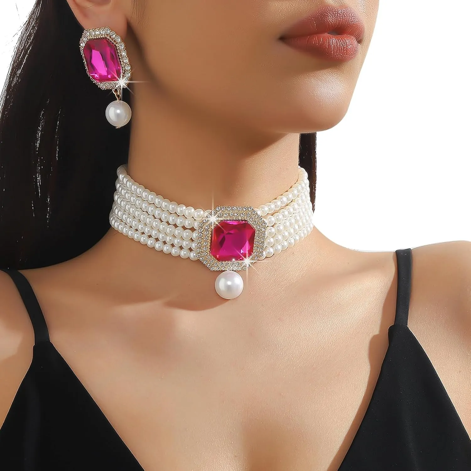 Wedding Bridal Rhinestone Necklace Earrings Jewelry,Gold Crystal Pearl Clavicle Necklace and Earrings Set,Multi-layered Pearl Body Jewelry for Women