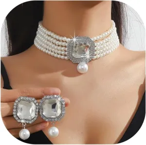 Wedding Bridal Rhinestone Necklace Earrings Jewelry,Gold Crystal Pearl Clavicle Necklace and Earrings Set,Multi-layered Pearl Body Jewelry for Women