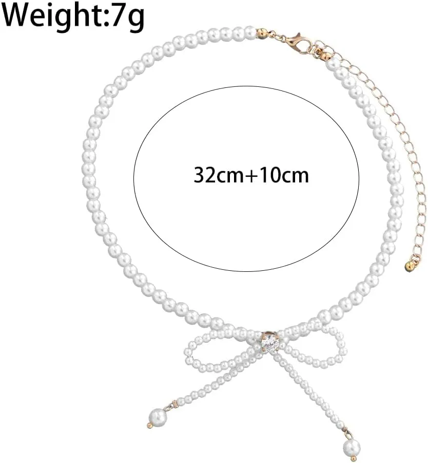 White Baroque Pearl Bow Choker Necklace, Sparkly Zircon Coquette Short Necklace, Simple Tiny Beaded Aesthetic Jewelry Gift for Women