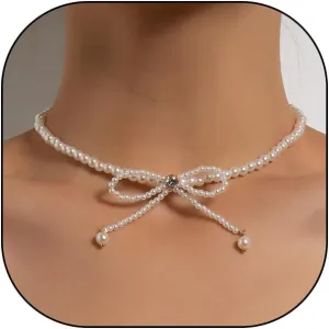 White Baroque Pearl Bow Choker Necklace, Sparkly Zircon Coquette Short Necklace, Simple Tiny Beaded Aesthetic Jewelry Gift for Women