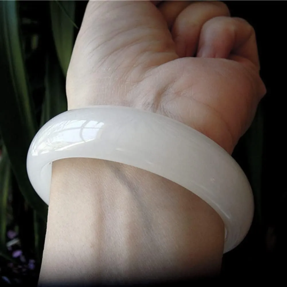 White Jade Bangle Bracelet for Women Retro Chinese Style Natural Jade Gemstone Jewelry Mother's Day Gift for Mom