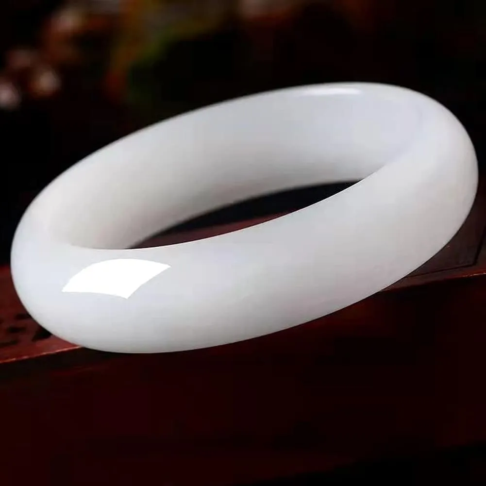 White Jade Bangle Bracelet for Women Retro Chinese Style Natural Jade Gemstone Jewelry Mother's Day Gift for Mom