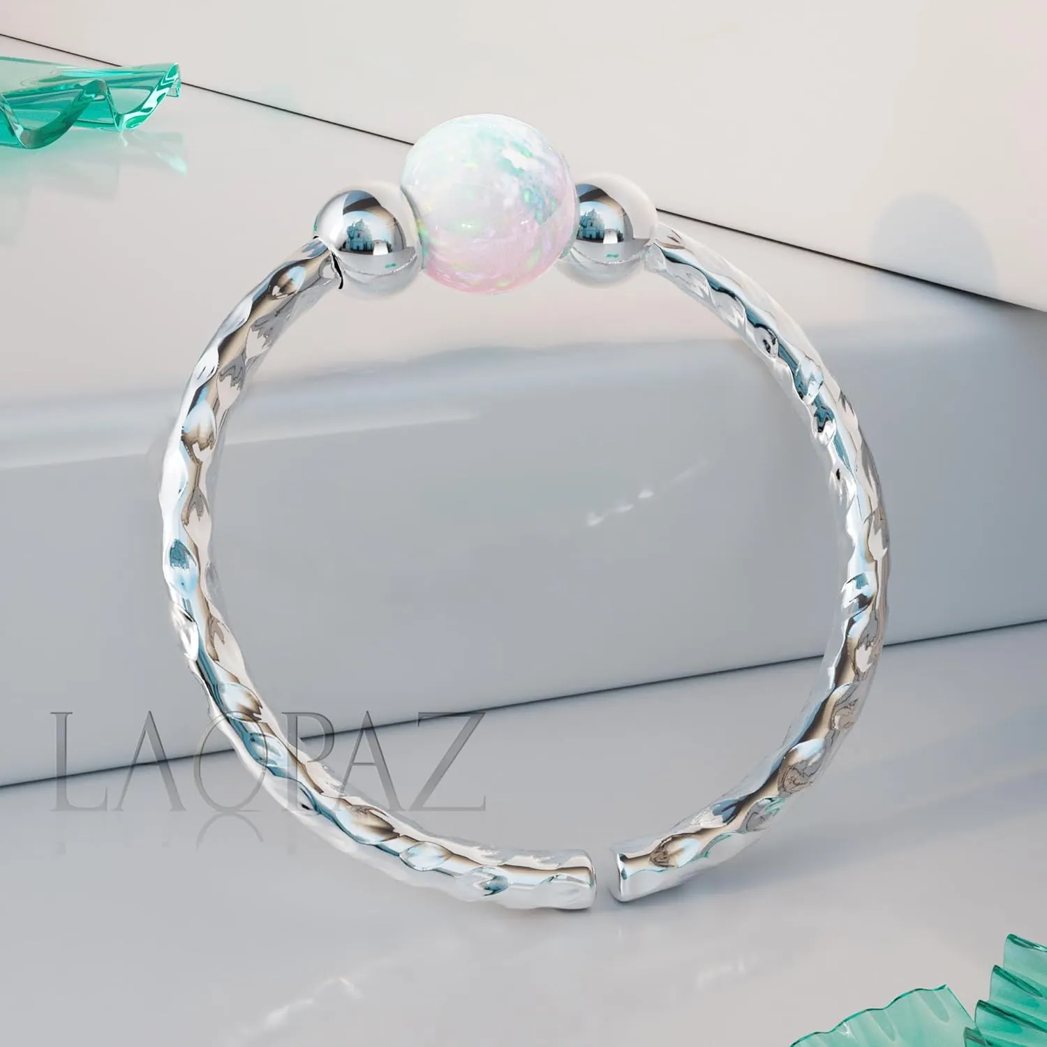 White Opal Silver Helix Ring 20g - Cartilage Hoop Earring Hammered 925 Sterling Silver - Tiny 20 Gauge Helix Hoop - Shiny White Opal Silver Beads - Handmade Body Jewelry for Women - Elegant Design
