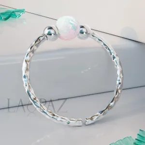 White Opal Silver Helix Ring 20g - Cartilage Hoop Earring Hammered 925 Sterling Silver - Tiny 20 Gauge Helix Hoop - Shiny White Opal Silver Beads - Handmade Body Jewelry for Women - Elegant Design