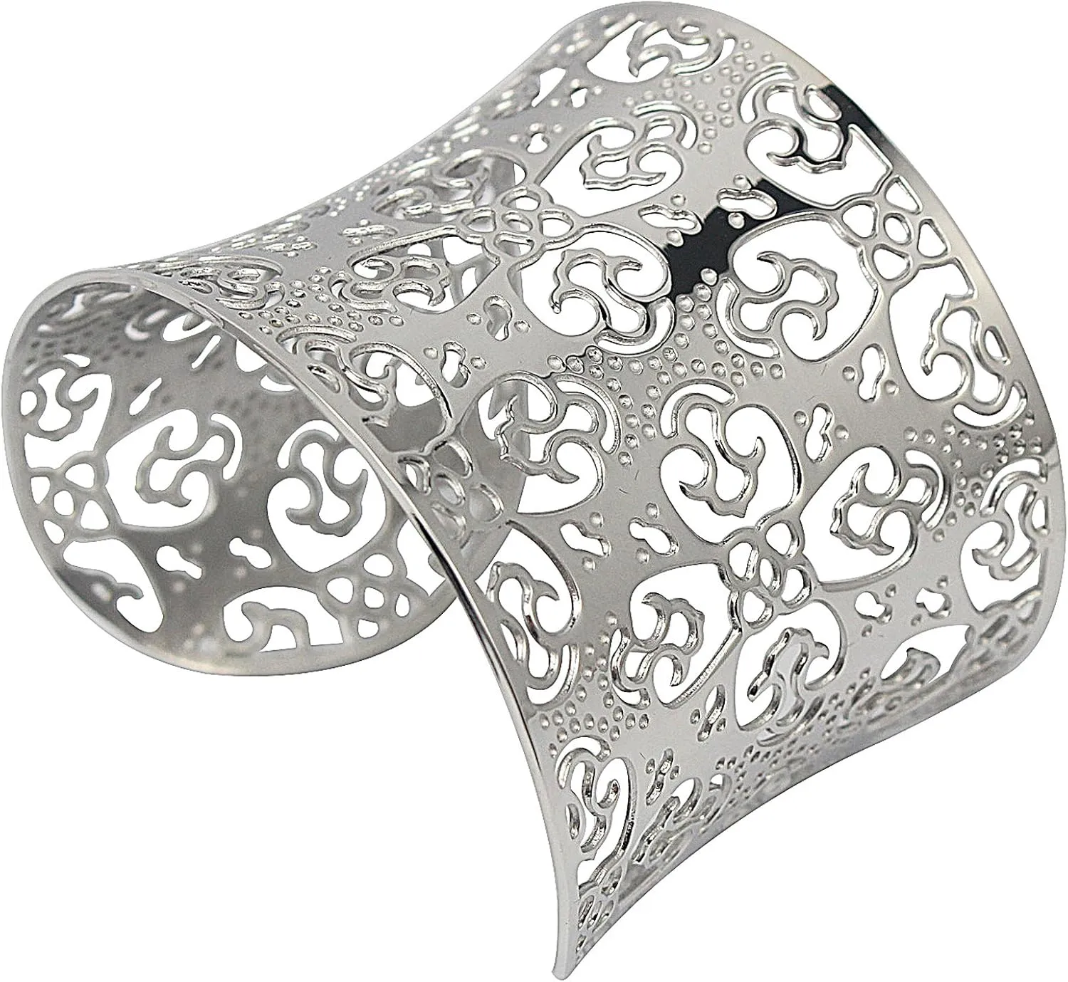 Wide Big Women Bangle Bracelets Flower Carving Design Stainless Steel Wrist Cuff Bangle