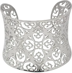 Wide Big Women Bangle Bracelets Flower Carving Design Stainless Steel Wrist Cuff Bangle
