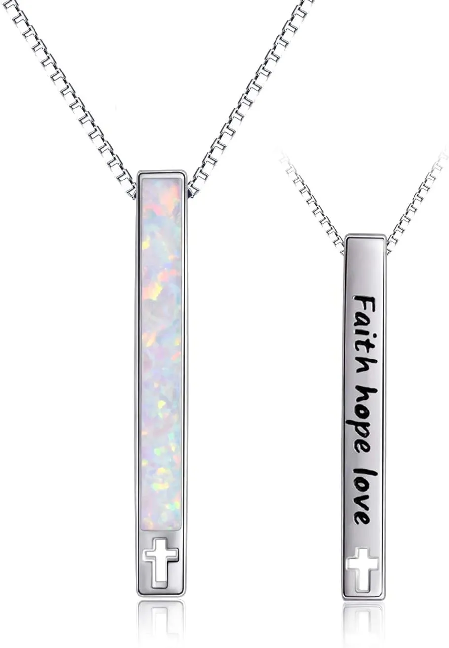 WINNICACA Bar Necklaces for Women Sterling Silver Opal Necklace for Women Vertical Bar Necklace Faith Hope Love Necklace Heartbeat Necklace Opal Jewelry Birthday Gifts for Women