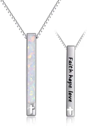 WINNICACA Bar Necklaces for Women Sterling Silver Opal Necklace for Women Vertical Bar Necklace Faith Hope Love Necklace Heartbeat Necklace Opal Jewelry Birthday Gifts for Women