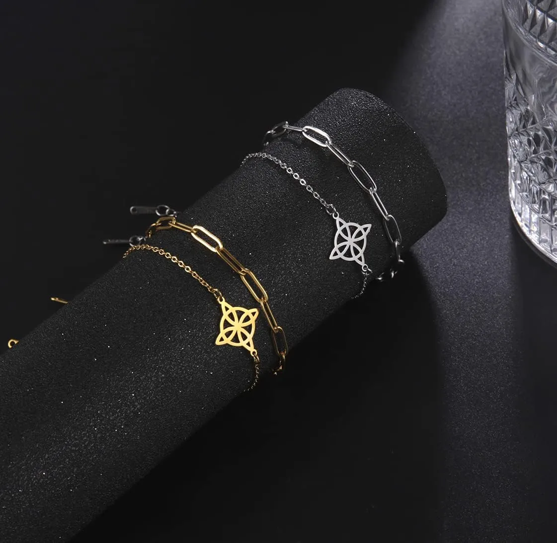 Witches Knot Bracelet For Women Celtic Knot Wiccan Symbol Layered Bracelet Stainless Steel Unique Charm Adjustable Double Layer Bracelet