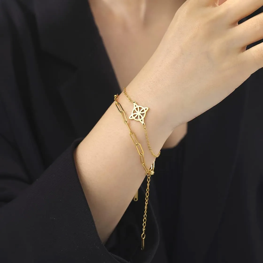Witches Knot Bracelet For Women Celtic Knot Wiccan Symbol Layered Bracelet Stainless Steel Unique Charm Adjustable Double Layer Bracelet